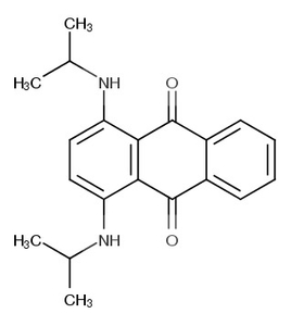 Chemical structure of Solvent Blue 36 — 1,4-bis(isopropylamino)anthraquinone, molecular formula C20H22N2O2